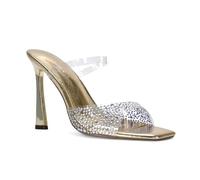 Women's Perspex Heeled Mule Ladies Clear Rhinestone Square Open Toe Gold Metallic Evening Party Shoes Size 8