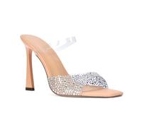 Women's Perspex Heeled Mule Ladies Clear Rhinestone Square Open Toe Nude Synthetic Leather Evening Party Shoes Size 4