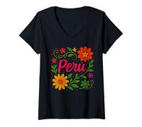 Womens Perú Diseño Floral Andino Inspirado en el Arte Tradicional V-Neck T-Shirt