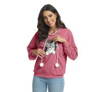 Womens Pet Carrier Hoodie Long Sleeve Cat Pouch Pompom Tie Pullover | Womens Pet Carrier Hoodie Long Sleeve Animal Snuggle Pocket Cute Drawstring Warm Jumper Casual Top Red 4XL