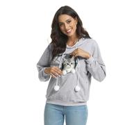 Womens Pet Carrier Hoodie Long Sleeve Cat Pouch Pompom Tie Pullover | Womens Pet Carrier Hoodie Long Sleeve Animal Snuggle Pocket Cute Drawstring Warm Jumper Casual Top Grey XXL