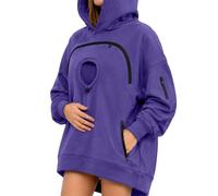Women's Pet-carrying Hoodies Oversized Zip Pocket Animal Snuggle Top | Women's Pet-carrying Hoodies Loose Fit Arm Zipper Cuddle Pouch Large Casual Jumper Long Sleeve Wear Dark Purple XXL