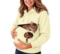 Women's Pet-carrying Hoodies Zip Pocket Cat Carrier Snuggle Jumper | Women's Pet-carrying Hoodies Front Zipper Hole Cozy Animal Cuddle Pouch Long Sleeve Casual Warm Sweatshirt Beige L