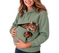 Women's Pet-carrying Hoodies Zip Pocket Cat Carrier Snuggle Jumper | Women's Pet-carrying Hoodies Front Zipper Hole Cozy Animal Cuddle Pouch Long Sleeve Casual Warm Sweatshirt Green 3XL