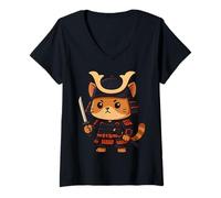 Womens Pet Cosplayer Japanese Cat Warrior Holding a Sword V-Neck T-Shirt