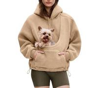 Women's Pet Pouch Hoodie Fleece Drawstring Hem Cat Carrier Jumper Top | Soft Fluffy Plush Long Sleeve Thermal Pullover with Dog Snuggle Pocket and Adjustable Cinch Cord Outerwear Khaki M