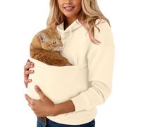 Womens Pet Pouch Hoodie Long Sleeve Cat Puppy Holder Jumper Big Kangaroo Pocket Pullover Solid Color Thermal Hooded Sweatshirt (Beige, XXL)