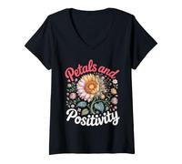 Women's Petals and Positivity Sunflower Floral Botanical V-Neck T-Shirt