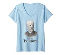 Women's Peter Tchaikovsky Portrait Vintage Composer Classical Music V-Neck T-Shirt