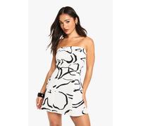 Womens Petite Abstract Floral Linen Look Bandeau Mini Dress - White - 12, White