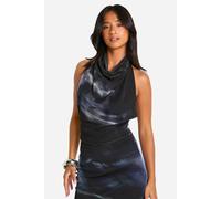 Womens Petite Abstract Print Mesh Cowl Top - Black - 14, Black