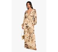 Womens Petite Animal Printed Chiffon Volume Sleeve Ruched Waist Maxi Dress - Brown - 8, Brown