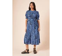 Womens Petite Animal Shirred Bodice Puff Sleeve Midi Dress Blue 14