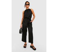 Womens Petite Belted Halter Linen Look Culotte Jumpsuit - Black - 10, Black