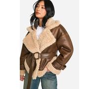 Womens Petite Belted Luxe Teddy Trim Jacket - Brown - 14, Brown