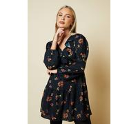 Womens Petite Blue Ditsy Floral Tiered Hem Frill Wrap Mini Dress Black 10