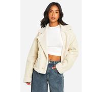 Womens Petite Borg Lined Faux Suede Jacket - Beige - 16, Beige