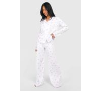 Womens Petite Bow Print Long Sleeve Shirt & Trousers Pyjama Set - White - 10, White