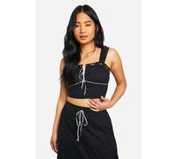 Womens Petite Broderie Contrast Bow Top - Black - 14, Black