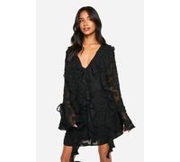 Womens Petite Burnout Floral Ruffle Shift Dress - Black - 6, Black