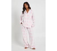 Womens Petite Check & Heart Print Super Soft Long Sleeve Shirt & Trousers Pyjama Set - Pink - 14, Pink