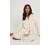 Womens Petite Cherry Print Baby Fleece Long Sleeve Shirt & Trousers Pyjama Set - White - 10, White