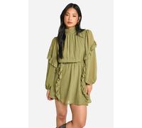 Womens Petite Chiffon High Neck Ruffle Skater Dress - Green - 16, Green