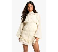 Womens Petite Chiffon Ruched High Neck Ruffle Dress - White - 8, White