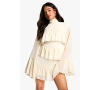 Womens Petite Chiffon Ruffle High Neck Tie Back Shift Dress - White - 8, White