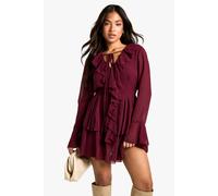 Womens Petite Chiffon Ruffle Plunge Skater Dress - Red - 12, Red