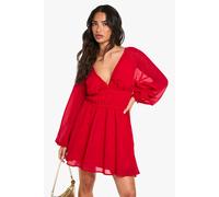 Womens Petite Chiffon Tie Waist Balloon Sleeve Mini Dress - Red - 8, Red