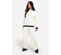 Womens Petite Contrast Knitted Jumper And Trouser Co Ord - White - L, White