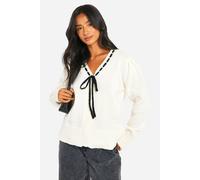 Womens Petite Contrast Ribbon Knitted Cardigan - White - S, White