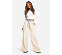 Womens Petite Contrast Stripe Boxer Waistband Wide Leg Trousers - Beige - 8, Beige