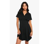 Womens Petite Cotton Collared Pleated Mini Dress - Black - 10, Black