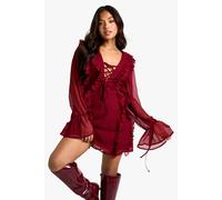 Womens Petite Crinkle Chiffon Ruffle Shift Dress - Red - 10, Red