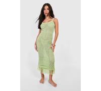 Womens Petite Crochet Frayed Hem Beach Dress - Green - L, Green