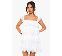 Womens Petite Crochet Frill Mini Dress - White - 8, White