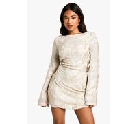 Womens Petite Damask Sequin Scoop Back Mini Dress - Beige - 16, Beige