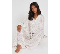 Womens Petite Ditsy Floral Print Cheesecloth Long Sleeve Shirt & Trousers Pyjama Set - Pink - 14, Pink