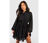 Womens Petite Dobby Belted Skater Shirt Dress - Black - 8, Black