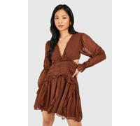 Womens Petite Dobby Frill Mini Dress - Brown - 16, Brown