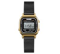 Women's Petite Electronic Quartz Watches Stainless Steel Mesh Band Digital Watch Square Waterproof LED, Black, Digital,Quartz Watches
