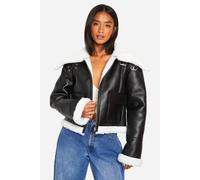 Womens Petite Faux Fur Lined Leather Jacket - Black - 8, Black