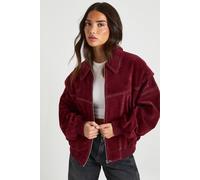Womens Petite Faux Suede Contrast Stitch Bomber Jacket - Red - 8, Red