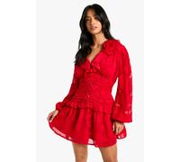 Womens Petite Floral Burnout Ruffle Plunge Ruched Skater Dress - Red - 12, Red