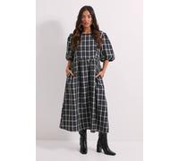 Womens Petite Gingham Puff Sleeve Tie Back Midi Dress Black 8