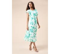 Womens Petite Green Floral Frill Sleeve Belt Detail Mesh Jersey Midi Dress Green 8