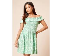Womens Petite Green Floral Shirred Bodice Bardot Jersey Mini Dress Floral 14