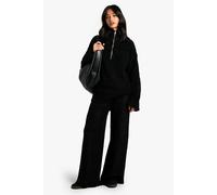 Womens Petite Half Zip Oversized Jumper And Wide Leg Trouser Borg Knit Co-Ord - Black - S, Black